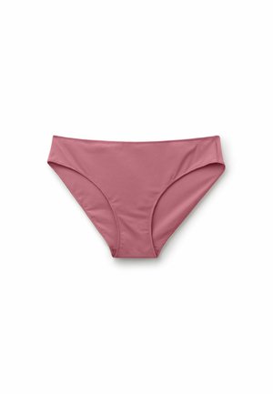 Parte inferior de bikini rosa hecha de tela suave, con un diseño de tiro bajo, bordes curvados y costuras mínimas para mayor comodidad.