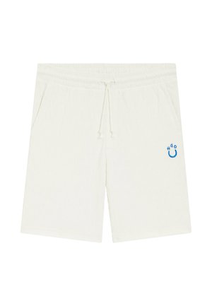 Witte casual korte broek met elastische tailleband en trekkoord, zijzakken en klein blauw "H GO" smileylogo op de linker dij.
