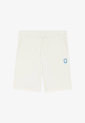 Hvide afslappede shorts med elastisk talje og snøre, sidelommer og lille blåt "H GO" smiley-logo på venstre lår.