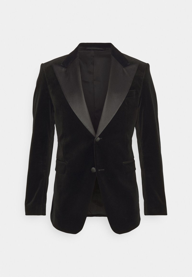 Czarna aksamitna marynarka smokingowa z satynowymi klapami, dwoma guzikami, przednimi kieszeniami i gładkim, strukturalnym wykończeniem. Klasyczny, dopasowany krój.