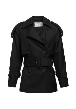 Zwarte trenchcoat met een dubbelzijdig ontwerp, grote revers, schouderepauletten en een verstelbare riem. Gemaakt van gladde stof met knoopaccenten.