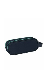 Granatowy piórnik z zielonymi zamkami, prostokątny kształt, materiał tekstylny oraz boczny uchwyt dla łatwego przenoszenia. Gładka tekstura, minimalistyczny design.