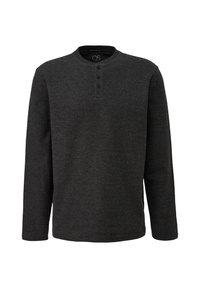 Długorękawowa koszula w kolorze ciemnoszarym, wykonana z miękkiej tkaniny, z okrągłym dekoltem i trzema guzikami z przodu. Minimalistyczny design.