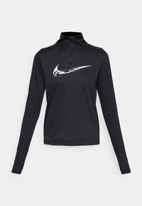 Black long-sleeve athletic top featuring a quarter-zip neckline and a prominent white Nike swoosh logo on the chest. Smooth texture.