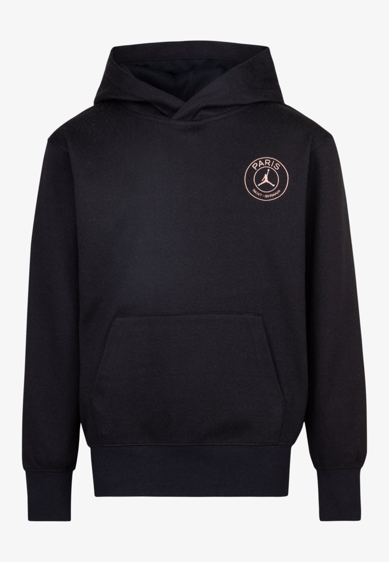 Felpa nera con cappuccio e tasca a marsupio, caratterizzata da un logo circolare color oro rosa che riporta la scritta "PARIS" sul petto. Texture morbida e vestibilità standard.