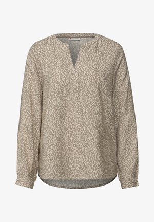 Blusa beige a maniche lunghe con scollo a V, caratterizzata da un delicato motivo leopardato in tonalità beige più scure. Realizzata in tessuto leggero.
