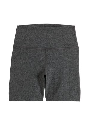 Mørkegrå, høytlivs, sømløse sykkelshorts med bred midjebånd, flatlocksøm og subtil merking nær toppen på høyre side.