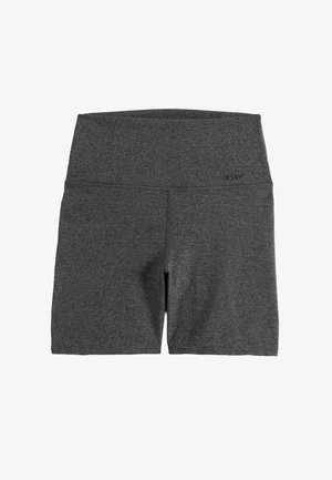 Mørkegrå, højtaljede, sømløse cykelshorts med bred linning, fladlock-syning og diskret mærkning nær øverste højre side.