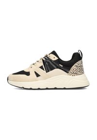 Baskets de sport beige et noires en cuir suédé et en mesh. Présentent un dos à motifs, une semelle épaisse et un système de laçage.