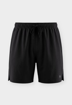 Μαύρα αθλητικά σορτς με ελαστική μέση και κορδόνι, πλαϊνές τσέπες, μικρό λογότυπο στο κάτω αριστερό πόδι και μικρές πλαϊνές σχισμές.