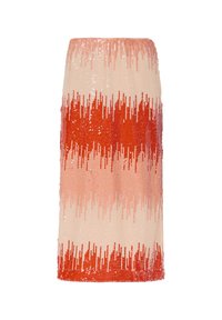 Knielange rok met een gradient patroon in perzik- en rode pailletten, met een textuur gebreide basis en een elastische tailleband.