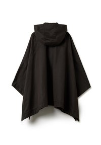 Veste poncho noire avec capuche, fabriquée en matériau léger. Présente des manches larges et un design ample et fluide. Coutures visibles en accent.