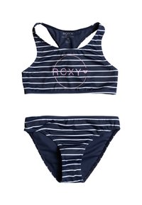 Navy raidallinen bikinisetti, joka sisältää lyhyen topin, jossa on ristikkäiset hihnat ja vaaleanpunainen "ROXY"-logo, ja yhteensopivat matalavyötäröiset alushousut.