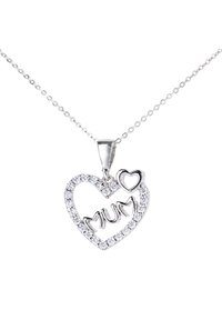 Sudraba sirds formas piekariņš ar vārdu "MUM" centrā, izrotāts ar caurspīdīgiem rhinestone akmeņiem un mazu sirdi virsū.