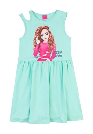 Ærmeløs mintgrøn kjole med indsamlet nederdel, med illustration af en pige med bølget hår i pink top, der viser fredstegn, "TOP Model" tekst.