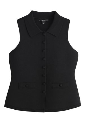 Juodas rankovių liemenė su sagomis, apykakle ir dviem priekinėmis kišenėmis su volelėmis, iškirptos linijos, megztas audinys.