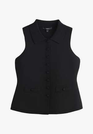 Juodas rankovių liemenė su sagomis, apykakle ir dviem priekinėmis kišenėmis su volelėmis, iškirptos linijos, megztas audinys.