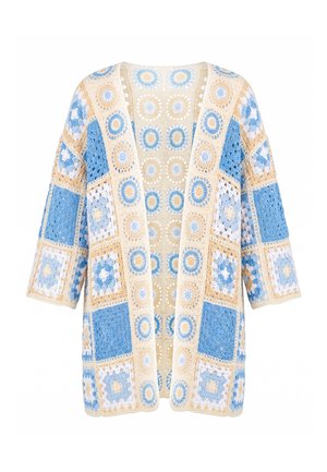 Cardigan all'uncinetto aperto davanti con motivi Granny square blu, beige e bianchi e maniche a tre quarti.