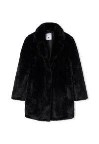 Czarny płaszcz z sztucznego futra z wyłamywanym kołnierzem, długimi rękawami i luźnym krojem. Miękka tekstura z gładką podszewką. Widoczna metka rozmiaru.