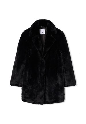 Cappotto in pelliccia sintetica nera con colletto a scollo a V, maniche lunghe e vestibilità comoda. Tessuto morbido con una fodera interna liscia. Etichetta della taglia visibile.
