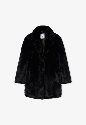 Cappotto in pelliccia sintetica nera con colletto a scollo a V, maniche lunghe e vestibilità comoda. Tessuto morbido con una fodera interna liscia. Etichetta della taglia visibile.