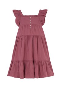 Mauve sukienka bez rękawów z falbankowymi ramiączkami, z guzikami na przodzie oraz warstwowym dołem. Wykonana z miękkiej, teksturowanej tkaniny.
