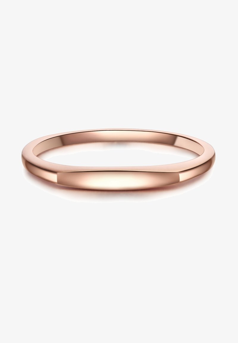 Prstan iz rose zlata z gladkim, zaobljenim dizajnom. Ima poliran zaključek, eleganten oblik in minimalistični slog, primeren za zlaganje.