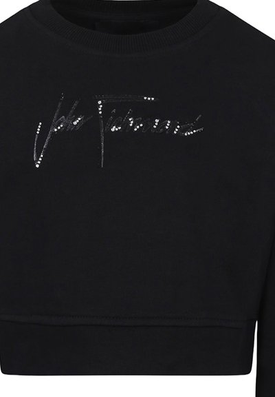 Felpa nera cropped con colletto a costine e maniche lunghe, caratterizzata da un logo argentato in paillettes sul petto. Tessuto con superficie liscia.