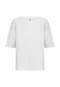 Vit T-shirt med kort puffärmar gjord av broderad ögonspets. Rund halsringning och avslappnad passform, med en scalloped kant på ärmarna.
