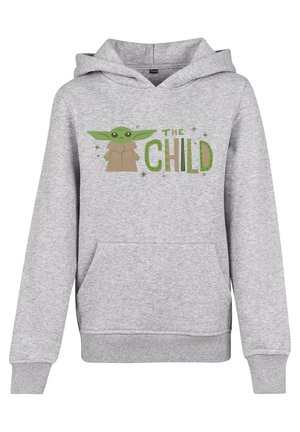 Sweat à capuche gris clair avec poche avant, présentant un personnage de dessin animé vert aux grandes oreilles et le texte « The Child » en lettres vertes et brunes.