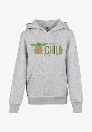 Lysegrå hættetrøje med forlommer, med grøn tegneseriefigur med store ører og teksten "The Child" i grønne og brune bogstaver.