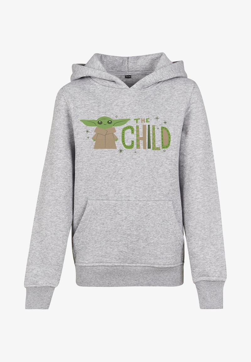Sweat à capuche gris clair avec poche avant, présentant un personnage de dessin animé vert aux grandes oreilles et le texte « The Child » en lettres vertes et brunes.