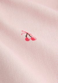 Heled roosa kangas ribakujundusega, millel on kahe punase kirsi ja roosa lipsu broderi disain.