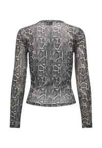 Dlouhý rukáv, průhledný top s černým a šedým hadím vzorem. Ušitý design s kulatým výstřihem, hladkou texturou a elastickým materiálem.