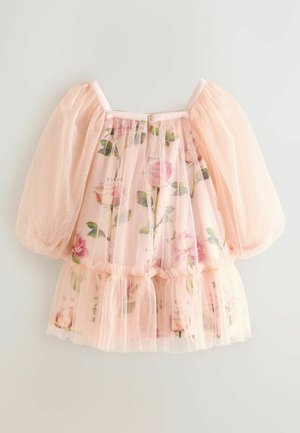 Rosa Tüll-Oberteil mit Blumenmuster, transparenten Puffärmeln und gerüschtem Saum. Verfügt über eine strukturierte Oberfläche mit dezentem Glitzereffekt und einen Knopfverschluss.