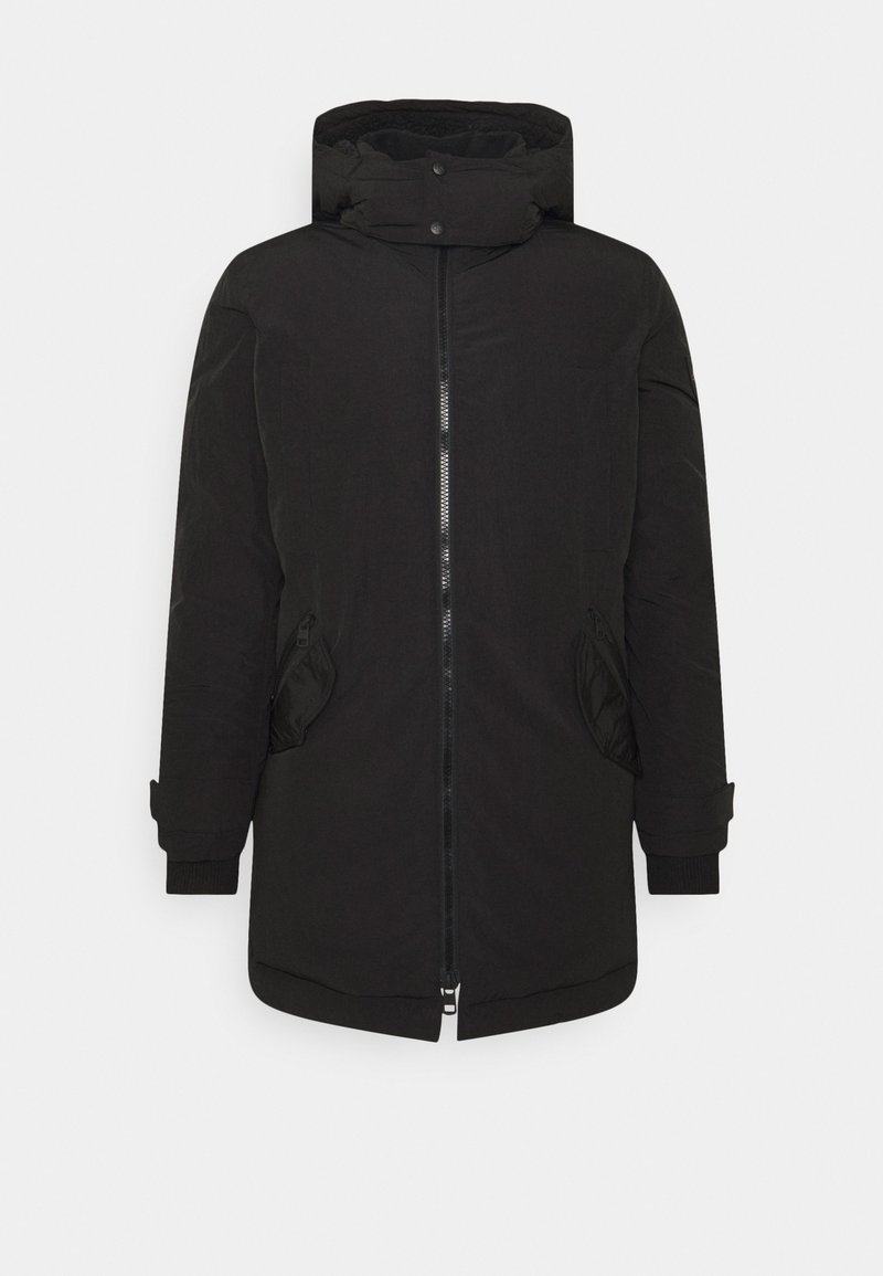 Manteau d'hiver rembourré noir avec col montant, fermeture éclair frontale, capuche, deux poches latérales zippées et poignets ajustables.