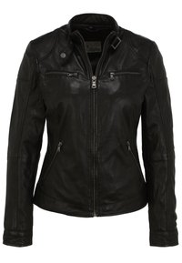 Schwarze Lederjacke mit taillierter Silhouette, hohem Kragen und drei Reißverschlusstaschen. Verfügt über eine glatte Textur und dezente Schulterdetails.