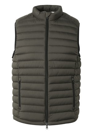 Donkergroene mouwloze gewatteerde bodywarmer met ritssluiting aan de voorkant en met rits afsluitbare zijzakken, hoge kraag en horizontale stiksels.