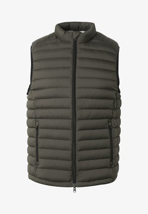Donkergroene mouwloze gewatteerde bodywarmer met ritssluiting aan de voorkant en met rits afsluitbare zijzakken, hoge kraag en horizontale stiksels.