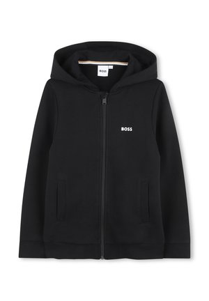 Veste sweat noire avec zip à l'avant, capuche et deux poches latérales. Présente un petit logo blanc "BOSS" sur la poitrine. Tissu doux.