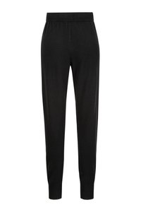 Zwarte, aansluitende joggerbroek gemaakt van zachte stof. Voorzien van een elastische tailleband en taps toelopende boorden. Eenvoudig ontwerp in effen kleur zonder patronen.