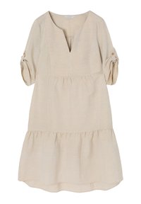 Robe en lin beige avec décolleté en V, manches trois-quarts avec accents de boutons et ourlet évasé en étages. Texture lisse et design simple.
