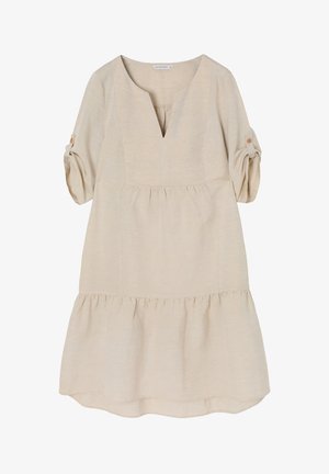 Beżowa sukienka z lnu z dekoltem w kształcie litery V, rękawami o długości ¾ z akcentami guzików oraz rozkloszowanym, warstwowym dołem. Gładka tekstura i prosty design.