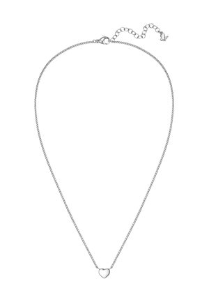 Silberne Halskette mit kleinem herzförmigem Anhänger und verstellbarem Verschluss mit kleinem Herzanhänger auf weißem Hintergrund.