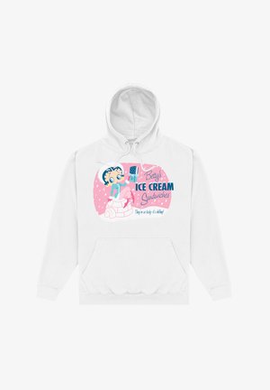 Biała bluza z kapturem z przednią kieszenią. Przedstawia kolorową grafikę postaci cieszącej się lodami, z napisem "Sandwicze lodowe Betty".