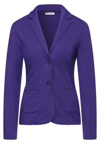 Blazer violet cintré pour femme avec deux boutons sur le devant, deux poches plaquées et col à revers cranté.