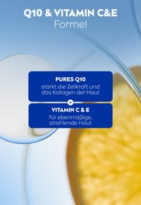 Q10 & Vitamin C&E formula displayed with a blue background, featuring text boxes in blue with white lettering, and a translucent liquid drop.