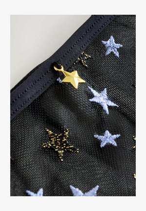 Sacchetto in rete nera decorato con stelle ricamate in blu e oro, con una zip a forma di stella dorata.