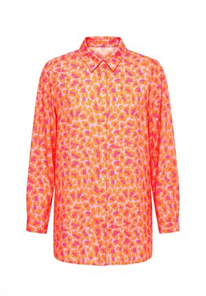 Overhemd met lange mouwen en knopen, met een oranje en roze abstract luipaardprint en een puntige kraag.