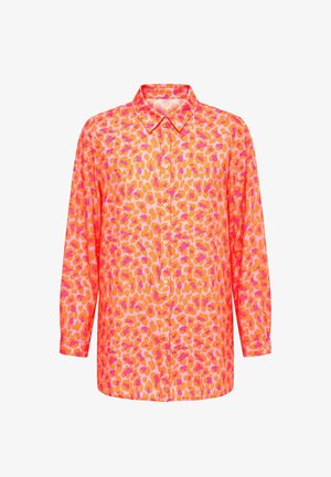 Pitkähihainen nappipaita, jossa oranssin ja vaaleanpunaisen abstrakti leopardikuvio ja pistekaulus.